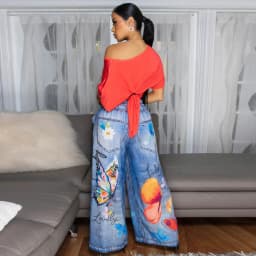 CM.YAYA Fashion Women Fake Denim 3D floral Print Loose Wide Leg Jogger Pants 2025 Streetwear  Active Hip Hop Sweatpants Trousers