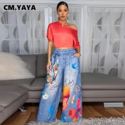 CM.YAYA Fashion Women Fake Denim 3D floral Print Loose Wide Leg Jogger Pants 2025 Streetwear  Active Hip Hop Sweatpants Trousers