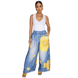 CM.YAYA Fashion Women Fake Denim 3D floral Print Loose Wide Leg Jogger Pants 2025 Streetwear  Active Hip Hop Sweatpants Trousers