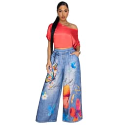 CM.YAYA Fashion Women Fake Denim 3D floral Print Loose Wide Leg Jogger Pants 2025 Streetwear  Active Hip Hop Sweatpants Trousers