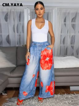 CM.YAYA Fashion Women Fake Denim 3D floral Print Loose Wide Leg Jogger Pants 2025 Streetwear  Active Hip Hop Sweatpants Trousers