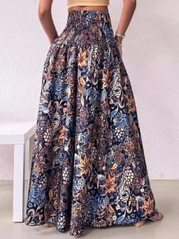 Boho Floral Print Shirred High Waist Wide Leg Pants Women 2025 Temperament Elastic High Waist Swing Long Y2k Trousers Streetwear