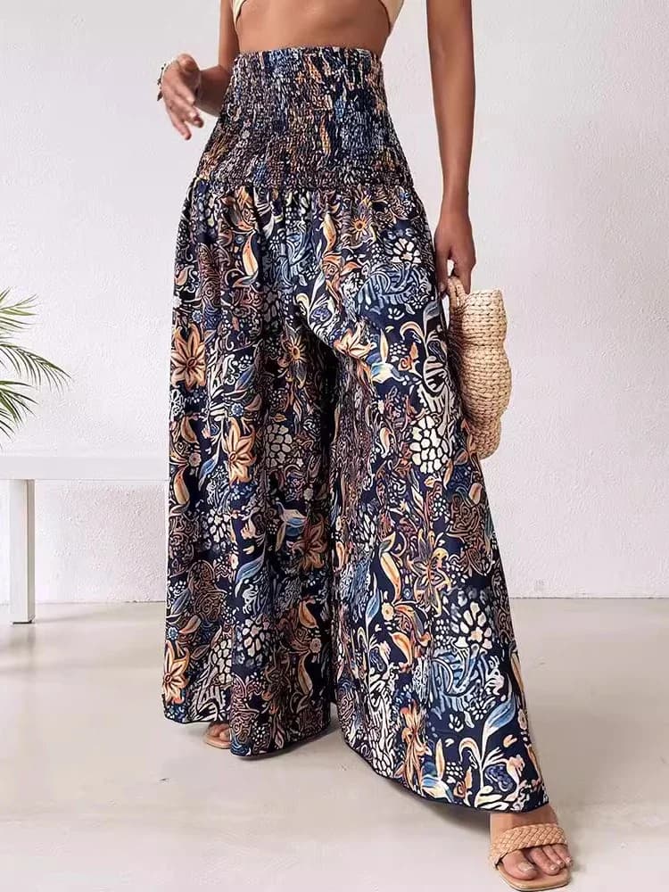 Boho Floral Print Shirred High Waist Wide Leg Pants Women 2025 Temperament Elastic High Waist Swing Long Y2k Trousers Streetwear