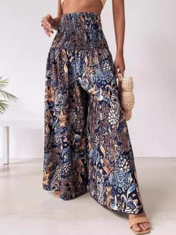 Boho Floral Print Shirred High Waist Wide Leg Pants Women 2025 Temperament Elastic High Waist Swing Long Y2k Trousers Streetwear