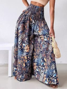 Boho Floral Print Shirred High Waist Wide Leg Pants Women 2025 Temperament Elastic High Waist Swing Long Y2k Trousers Streetwear