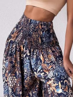 Boho Floral Print Shirred High Waist Wide Leg Pants Women 2025 Temperament Elastic High Waist Swing Long Y2k Trousers Streetwear