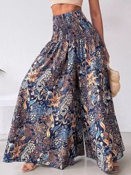 Boho Floral Print Shirred High Waist Wide Leg Pants Women 2025 Temperament Elastic High Waist Swing Long Y2k Trousers Streetwear