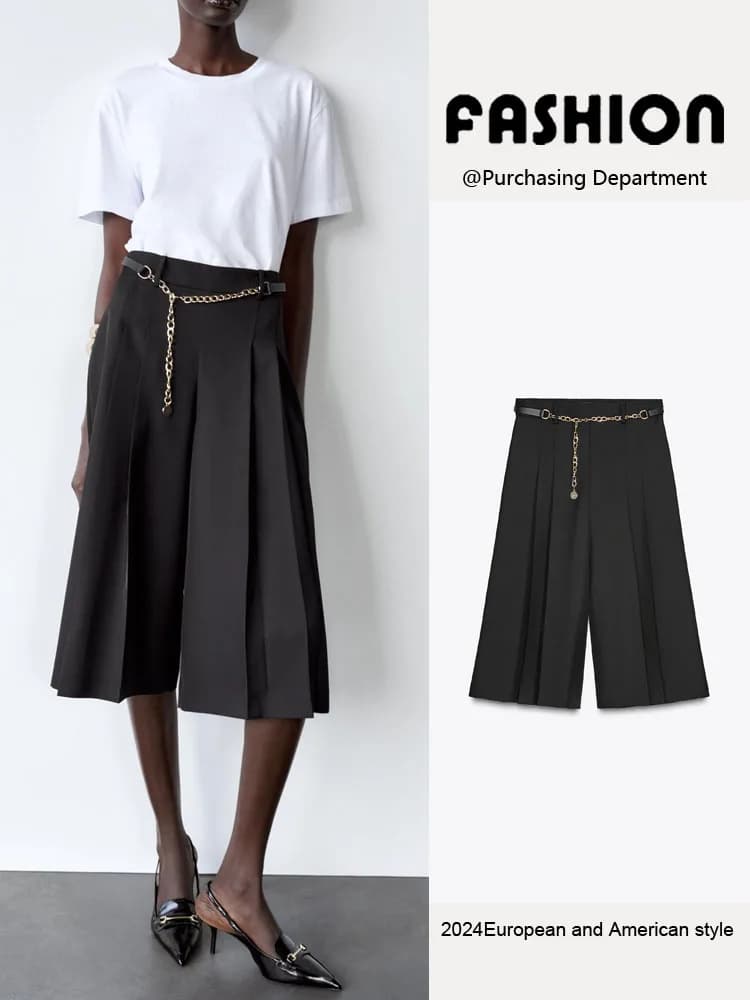 Spring New Arrival Women's Casual Long orts Punk Faion Chain Waist Belt Versatile High Waist Straight Leg Pants