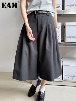 [EAM] High Waist Gray Brief Pleated Wide Leg Calf-Length Pants New Trousers Women Fashion Tide Spring Autumn 2026 1DJ0997