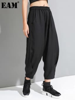 [EAM] High Elastic Waist Black Pleated Long Wide Leg Trousers New Loose Fit Pants Women Fashion Tide Spring Summer 2026 1U320