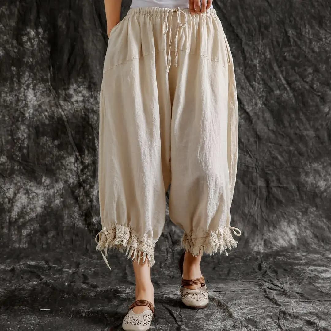 Johnature New Casual Vintage Cotton Linen Ankle-length Harem Pants Summer Solid Color Tassel Pockets Women Pants