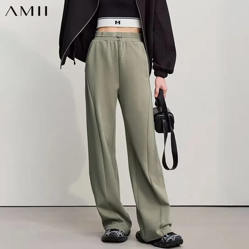 Amii Cotton Pants For Woman 2026 Autumn New Adjustable Rubber Band Waist Casual Pants Long Wide Leg Knit Women Trousers 12641040