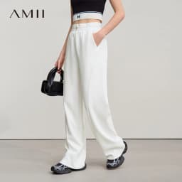 Amii Cotton Pants For Woman 2026 Autumn New Adjustable Rubber Band Waist Casual Pants Long Wide Leg Knit Women Trousers 12641040