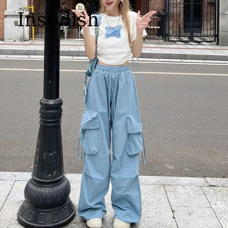 American Women's Overalls Retro Quick Drying Summer High Straight Wide Leg Streamers Loose Casual Floor Length Trousers Trend