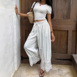 Women's Y2K Loose Fit Bloomers Cropped Pants Drawstring High Waist Floral Lace Patchwork Calf-Length Lantern Trousers