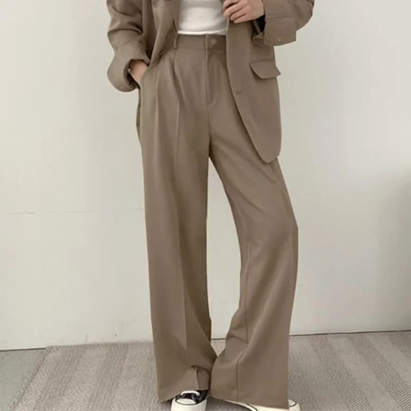 Temperament Wide Leg Suits Pants Women Autumn Winter Button High Waist Pants Woman Pleated Solid Color Straight Trouser Ladies