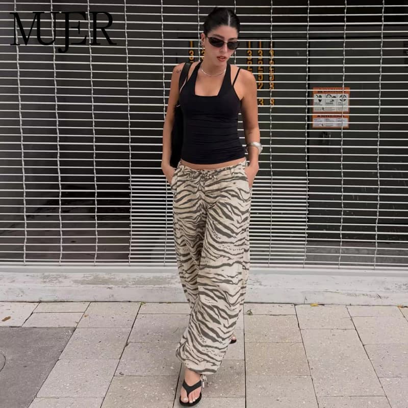 MUJER Animal Print Wide Pants Woman Summer Mid Waist Trousers Womens Holiday Baggy Pants Woman Casual Sports Pants for Women