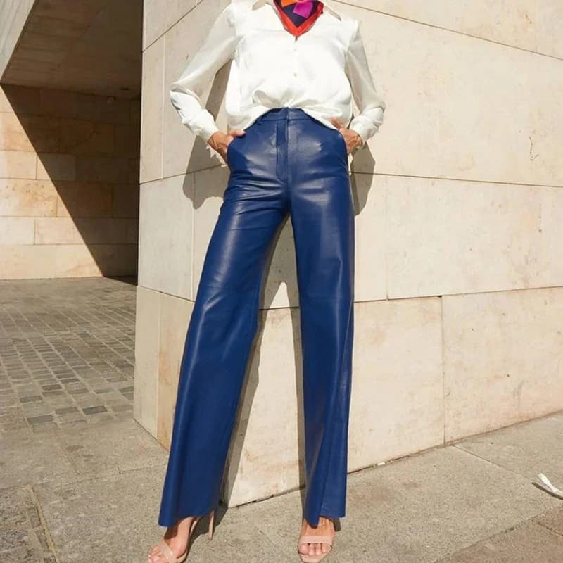 New Vintage High Waist Button Straight Pants 2024 Autumn Solid Color Slim Leather Pants Office Elegant Pocket Women's Trousers