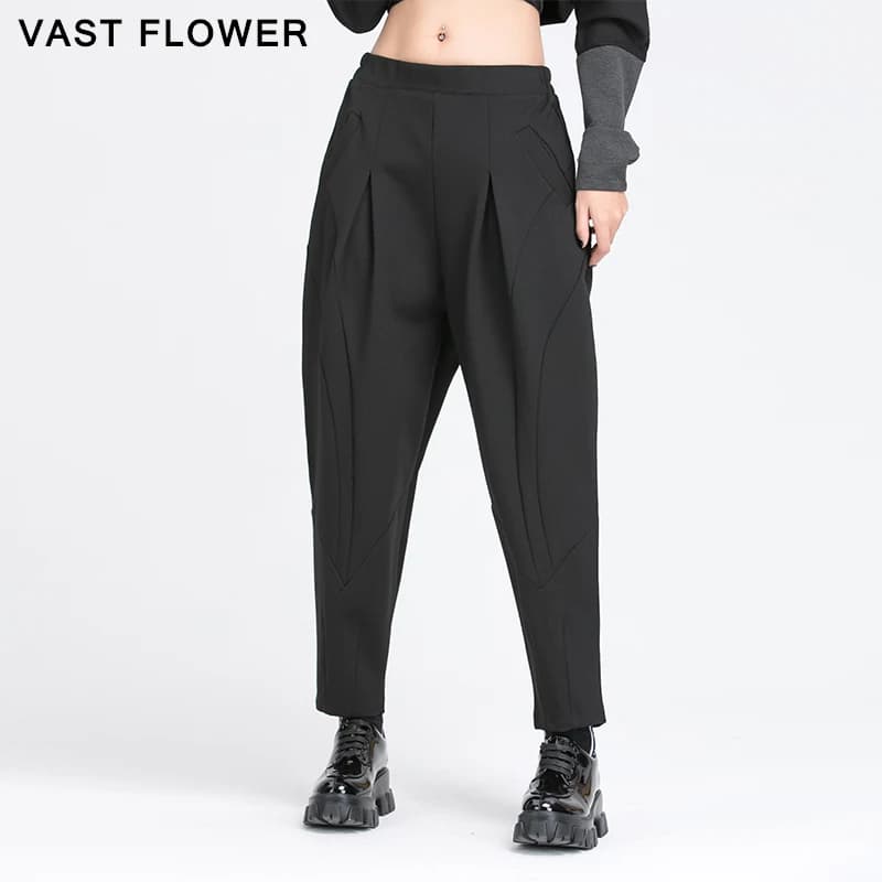 Pleated Loose Harem Pants Women New 2025 Autumn spring  Elastic Waist Black Pocket Fashion All Match Casual womenTrousers