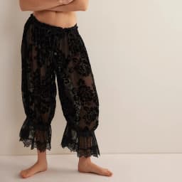Women Sheer Lace Hem Trimmed Long Bloomers Y2k Ruffle Drawstring Elastic Rise Floral Velvet Flare Slips Pants Pajamas Bottom