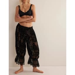 Women Sheer Lace Hem Trimmed Long Bloomers Y2k Ruffle Drawstring Elastic Rise Floral Velvet Flare Slips Pants Pajamas Bottom