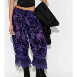 Women Sheer Lace Hem Trimmed Long Bloomers Y2k Ruffle Drawstring Elastic Rise Floral Velvet Flare Slips Pants Pajamas Bottom