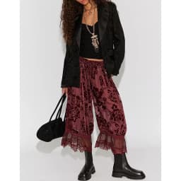 Women Sheer Lace Hem Trimmed Long Bloomers Y2k Ruffle Drawstring Elastic Rise Floral Velvet Flare Slips Pants Pajamas Bottom