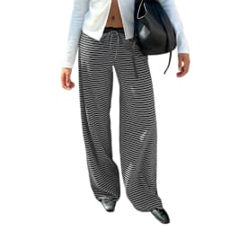 Puloru Women's Elastic Waist Baggy Pants Spring Summer Striped/Plaids/Letter Heart Print Wide Leg Lounge Bottoms Casual Trousers