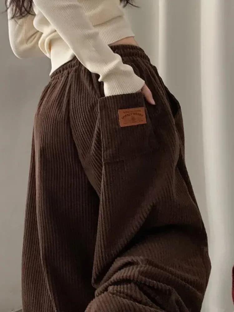 Afashion Retro Personalized Back Pocket Label Corduroy Wide Leg Elastic Waist Casual Pants Women's Winter New Style Loose Fit Tr