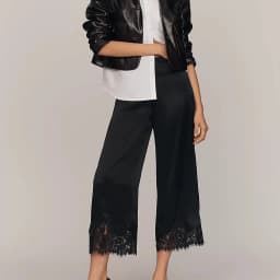 Satin Silk Lace Trim Pants Women y2k Coquette Wide Leg Elastic Waist Loose Slip Bottoms Casual Patchwork Loungewear Trousers