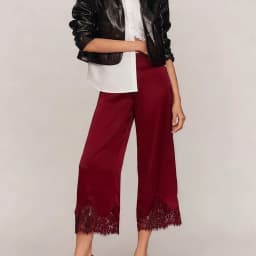 Satin Silk Lace Trim Pants Women y2k Coquette Wide Leg Elastic Waist Loose Slip Bottoms Casual Patchwork Loungewear Trousers