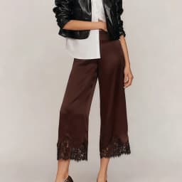 Satin Silk Lace Trim Pants Women y2k Coquette Wide Leg Elastic Waist Loose Slip Bottoms Casual Patchwork Loungewear Trousers
