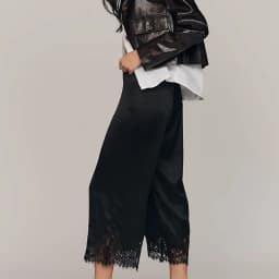 Satin Silk Lace Trim Pants Women y2k Coquette Wide Leg Elastic Waist Loose Slip Bottoms Casual Patchwork Loungewear Trousers