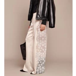 Women Summer Coquette Satin Wide Leg Trousers Drawstring Lace Patchwork See Through Loose Straight Pants Bottoms Trousers