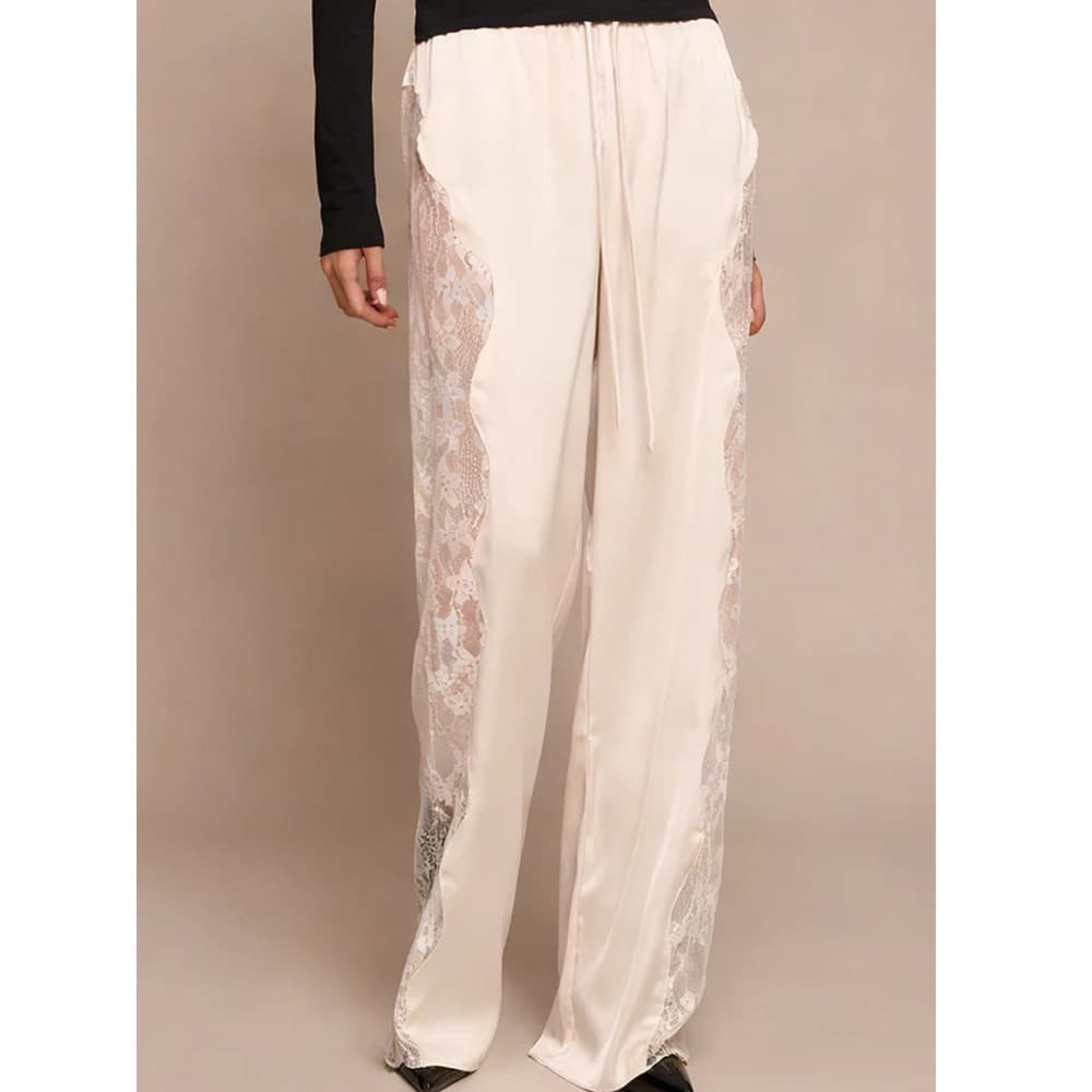 Women Summer Coquette Satin Wide Leg Trousers Drawstring Lace Patchwork See Through Loose Straight Pants Bottoms Trousers