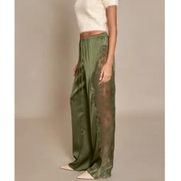 Women Summer Coquette Satin Wide Leg Trousers Drawstring Lace Patchwork See Through Loose Straight Pants Bottoms Trousers