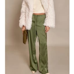 Women Summer Coquette Satin Wide Leg Trousers Drawstring Lace Patchwork See Through Loose Straight Pants Bottoms Trousers