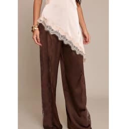 Women Summer Coquette Satin Wide Leg Trousers Drawstring Lace Patchwork See Through Loose Straight Pants Bottoms Trousers