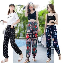 Women's Mosquito-proof Cotton Silk Beach Summer Casual Flower Pants Artificial Cotton Summer Sleeping Pants Thin Adult Bloomers