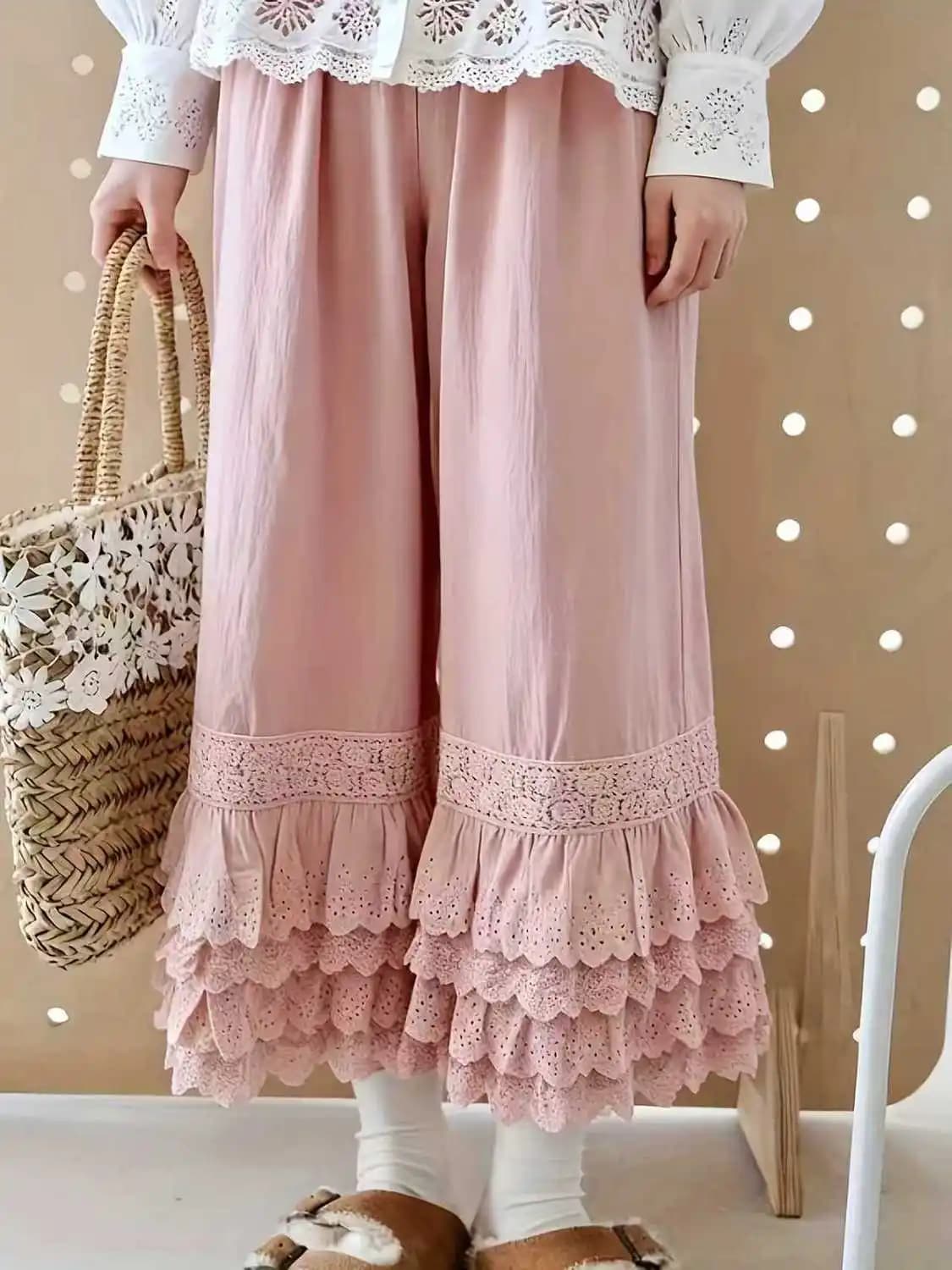 Sweet Girls Large Size Vintage Lace Ruffle Wide Leg Pants for Women - Boho Floral Embroidery Tiered Hem Trousers Comfortable