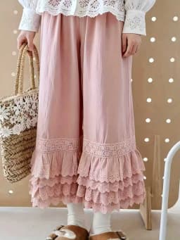 Sweet Girls Large Size Vintage Lace Ruffle Wide Leg Pants for Women - Boho Floral Embroidery Tiered Hem Trousers Comfortable