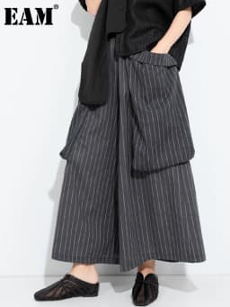 [EAM] High Elastic Waist Gray Striped Big Pocket Wide Leg Pants New Trousers Women Fashion Tide Spring Autumn 2026 1DJ7107
