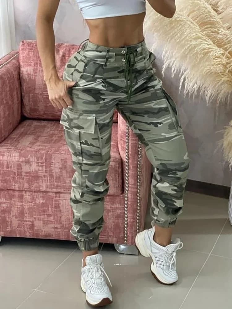 Camouflage Print Drawstring Pocket Design Cargo Pants Women High Waist Cargo Slim Pencil Pants Harem Jogger Trousers Sweatpants