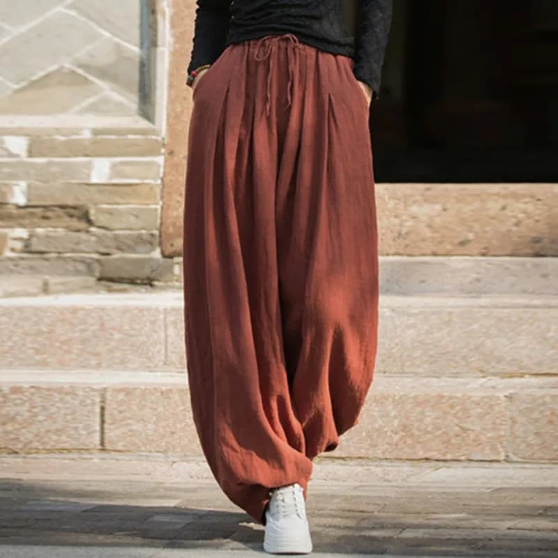 Johnature Women Vintage Ramie Cotton Long Pants Elastic Waist Solid Color Trousers 2025 Autumn New Belt Loose Bloomers Pants