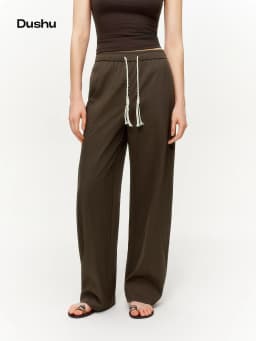 DUSHU 2026 Spring Women's Tie-Waist Bootcut Pants, Elastic High Waist Flared Casual Trousers, Y2K Retro Loose Fit Lounge Pants