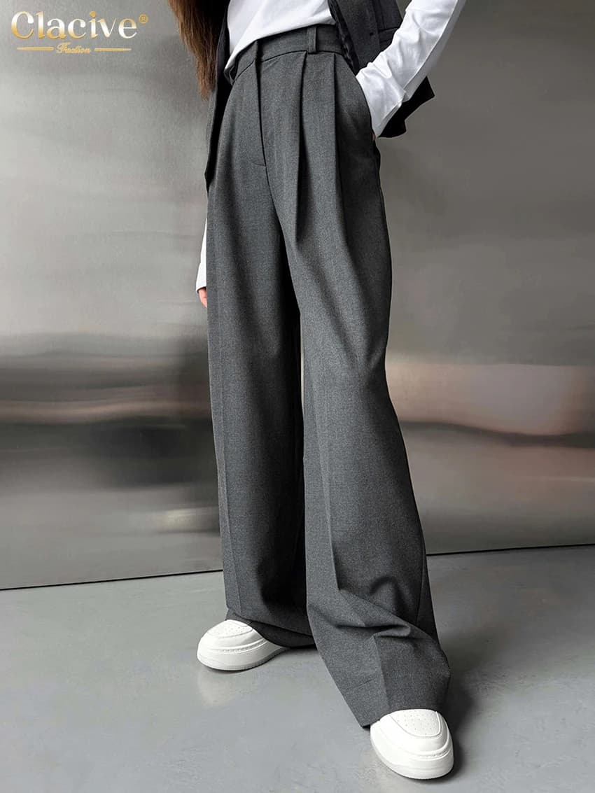 Clacive Fashion Loose Gray Office Women Pants Casual High Waist Wide Pants Elegant Classic Full Length Trousers Female Clothing