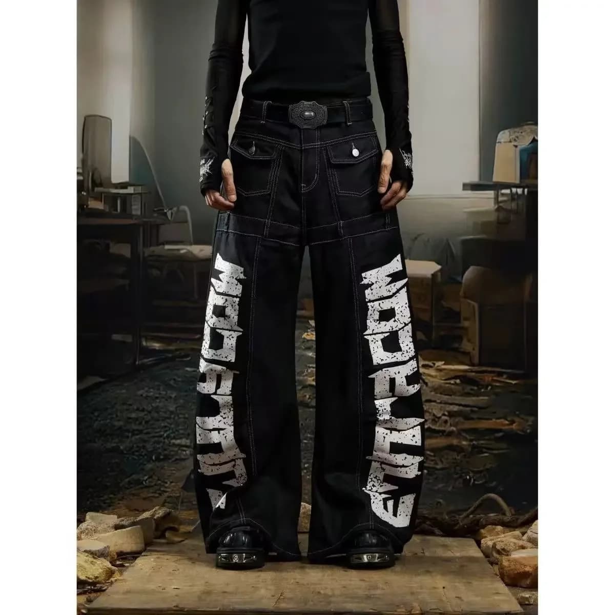 Vintage Y2k Red Baggy Cargo Pants Women Hip Hop Gothic Punk Hippie Removable Wide Leg Denim Pants Streetwear Casual Jeans New