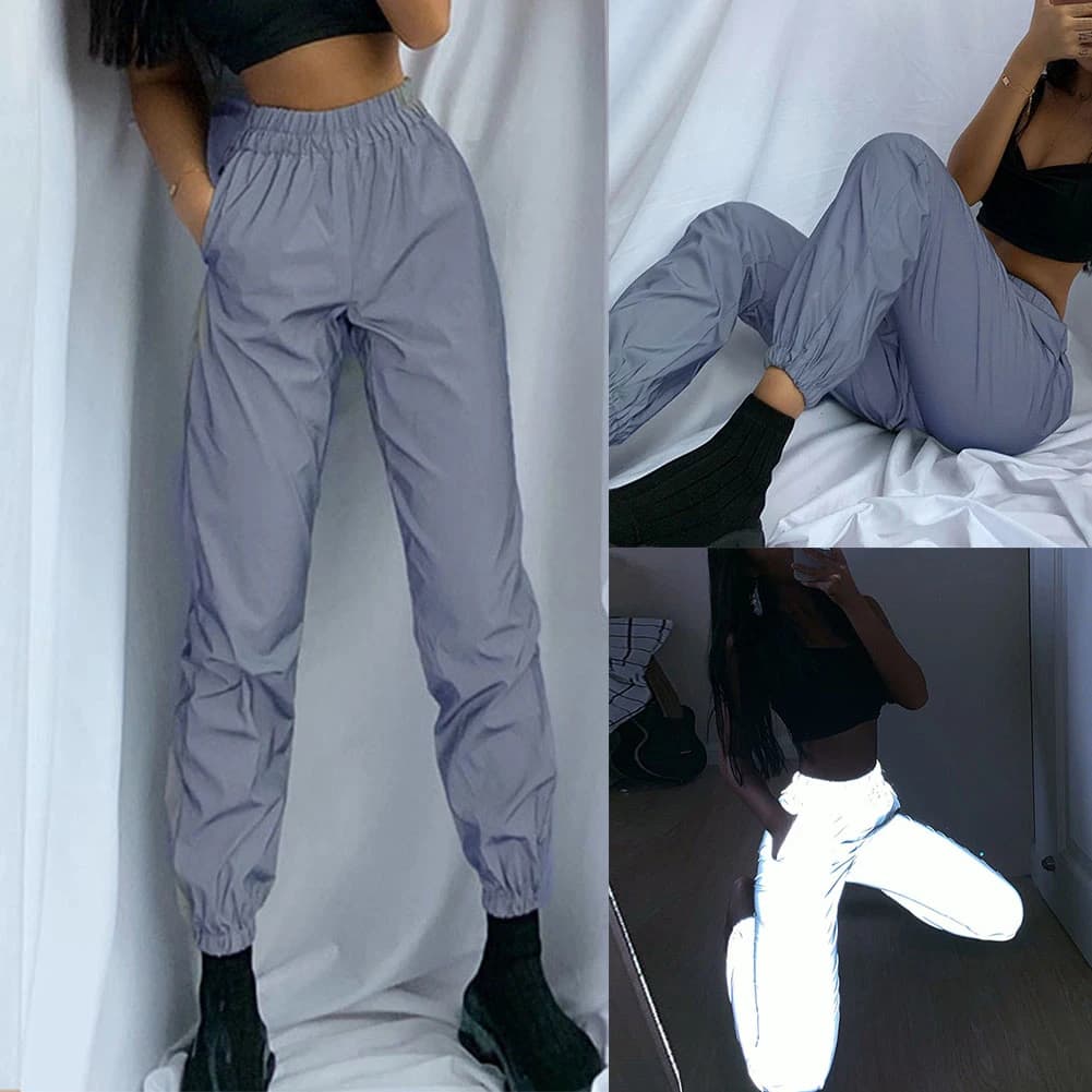 Women Sweatpant Flash Reflective Pants High Waist Joggers Hip Hop Dance Show Party Night Jogger Lady Baggy Street Wear Trousers