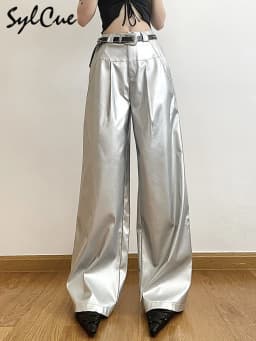 Sylcue Silver Retro Matte Trendy Personalized All-match Casual High Street Cool Confident Casual Women's Autumn Wide Leg Pants