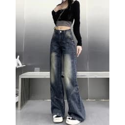 2025 Autumn Women High Waist Straight Denim Pants Korean Aesthetic Slim Wide Leg Jeans Woman Vintage 2000S Washed Denim Trousers